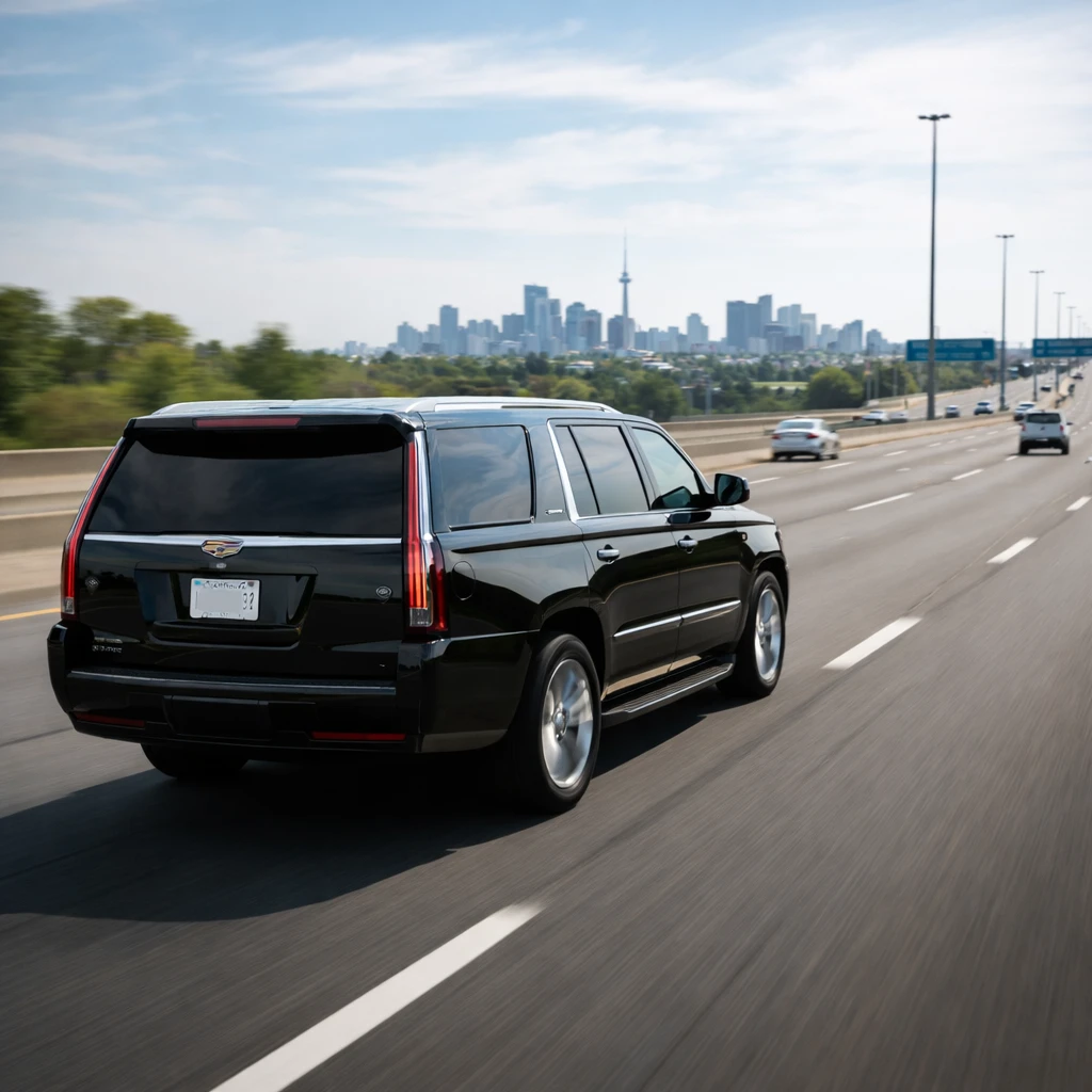 Luxury SUV driving on Highway 401 from Scarborough toward Toronto airport transfer with motion blur