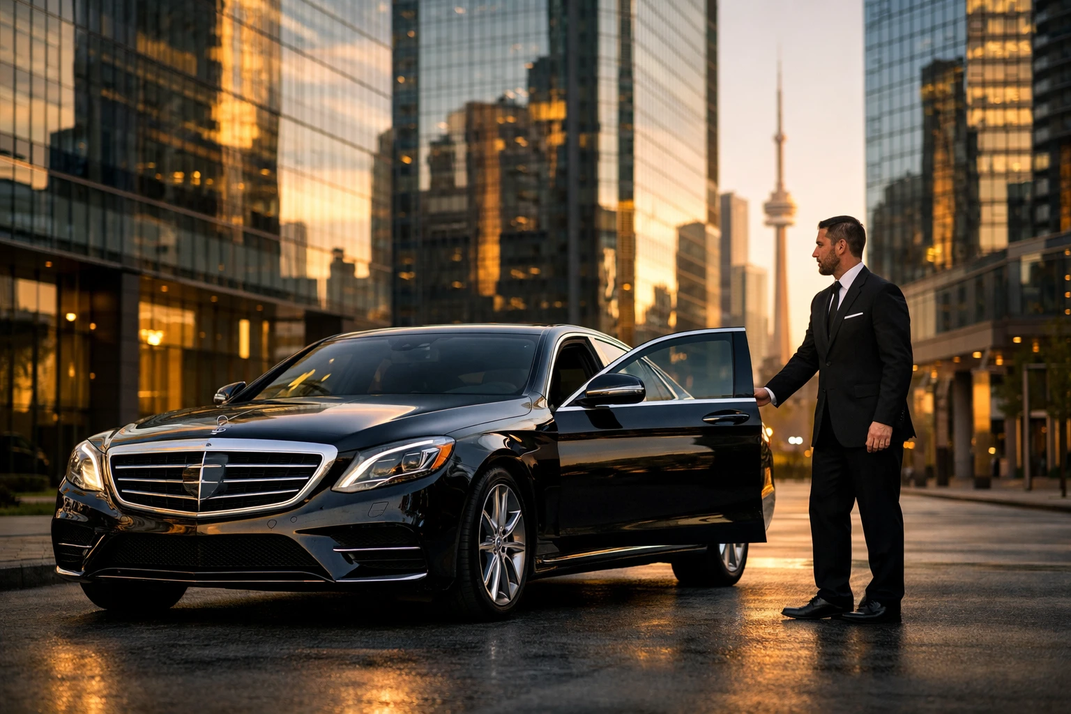 Luxury corporate limo service in Toronto with professional chauffeur opening car door in front of downtown skyscraper