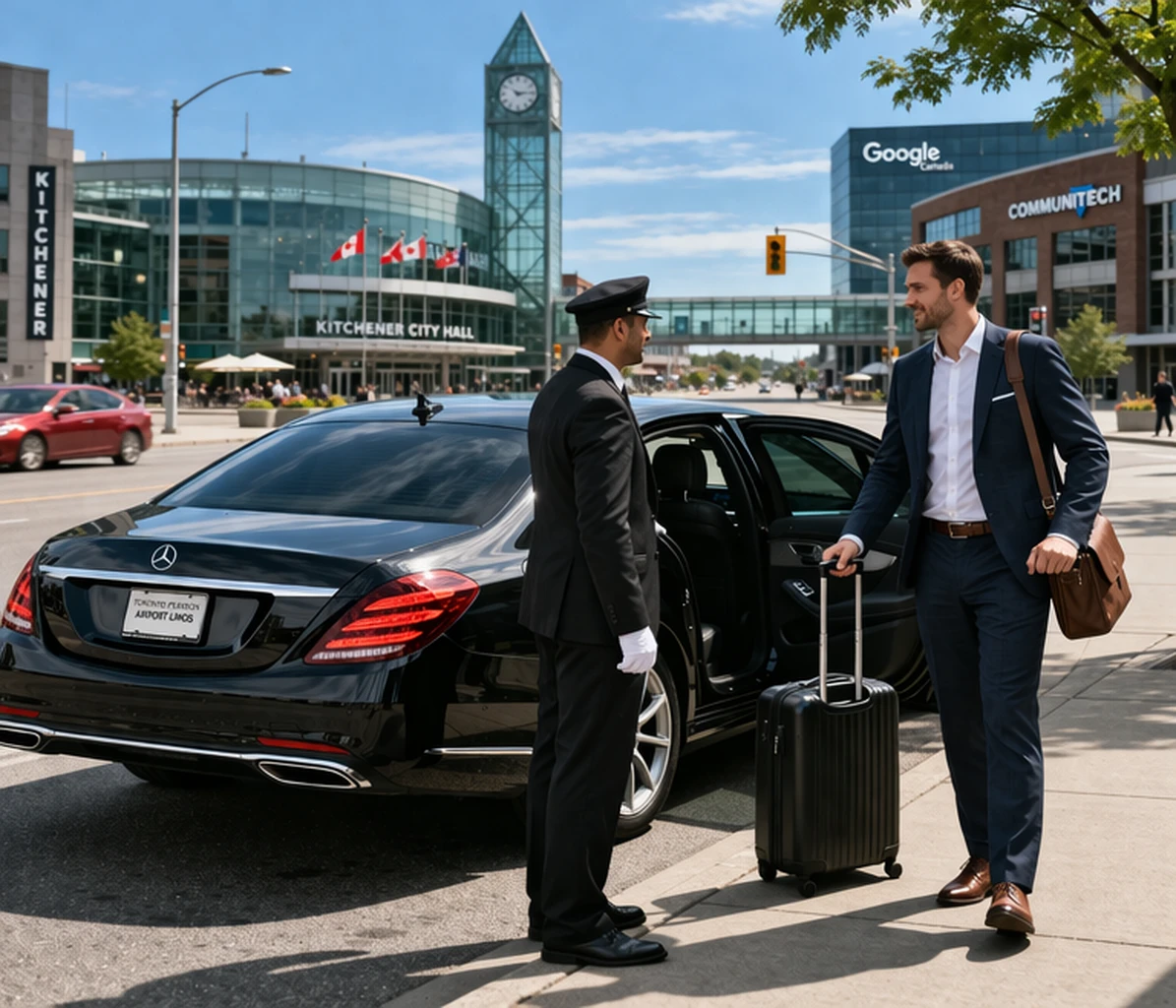 Luxury sedan with chauffeur picking up business traveler in downtown Kitchener near clock tower