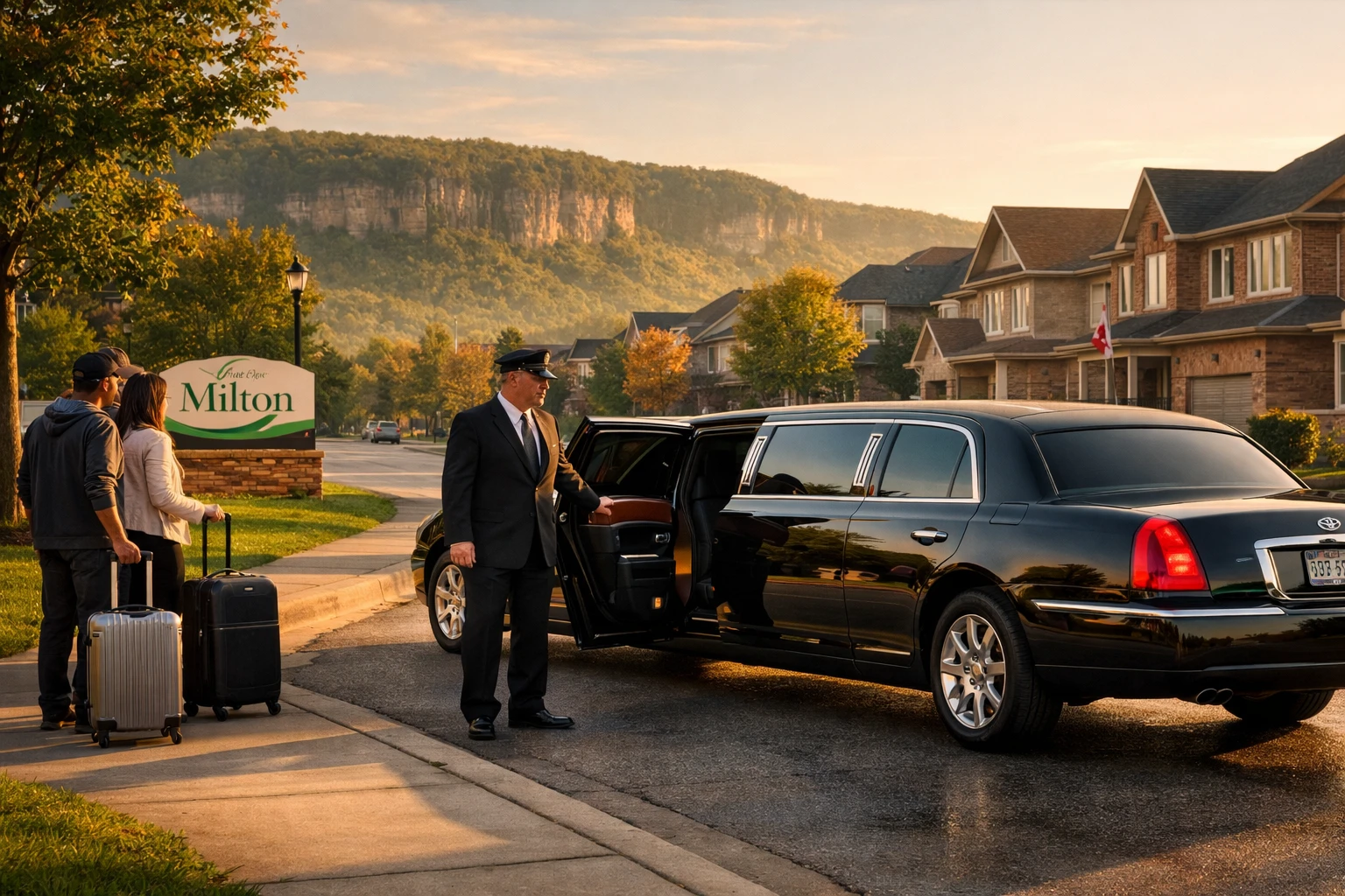 Luxury black stretch limousine with professional chauffeur picking up passengers with luggage on a residential street in Milton, Ontario with Niagara Escarpment in the background for airport transfer to Toronto Pearson Airport.