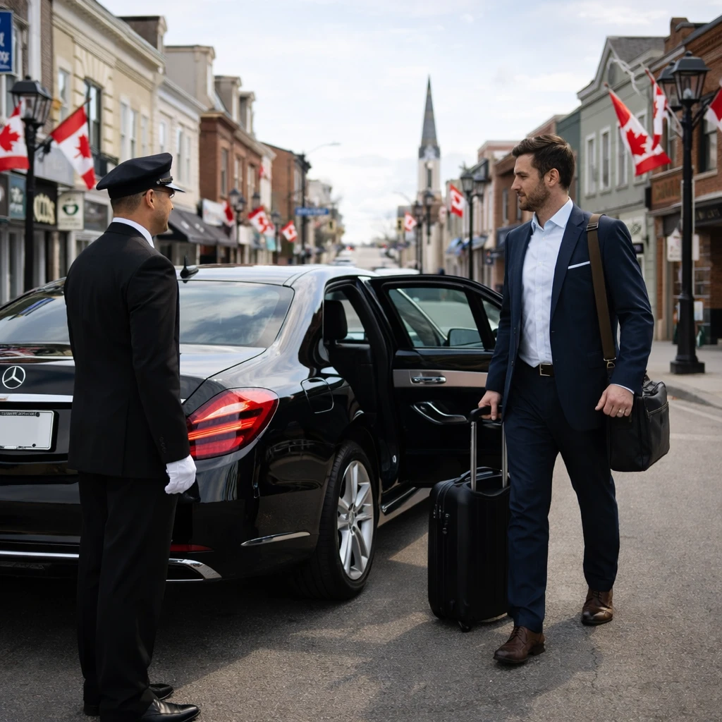 Luxury sedan with chauffeur picking up traveler on historic Main Street Newmarket with heritage buildings