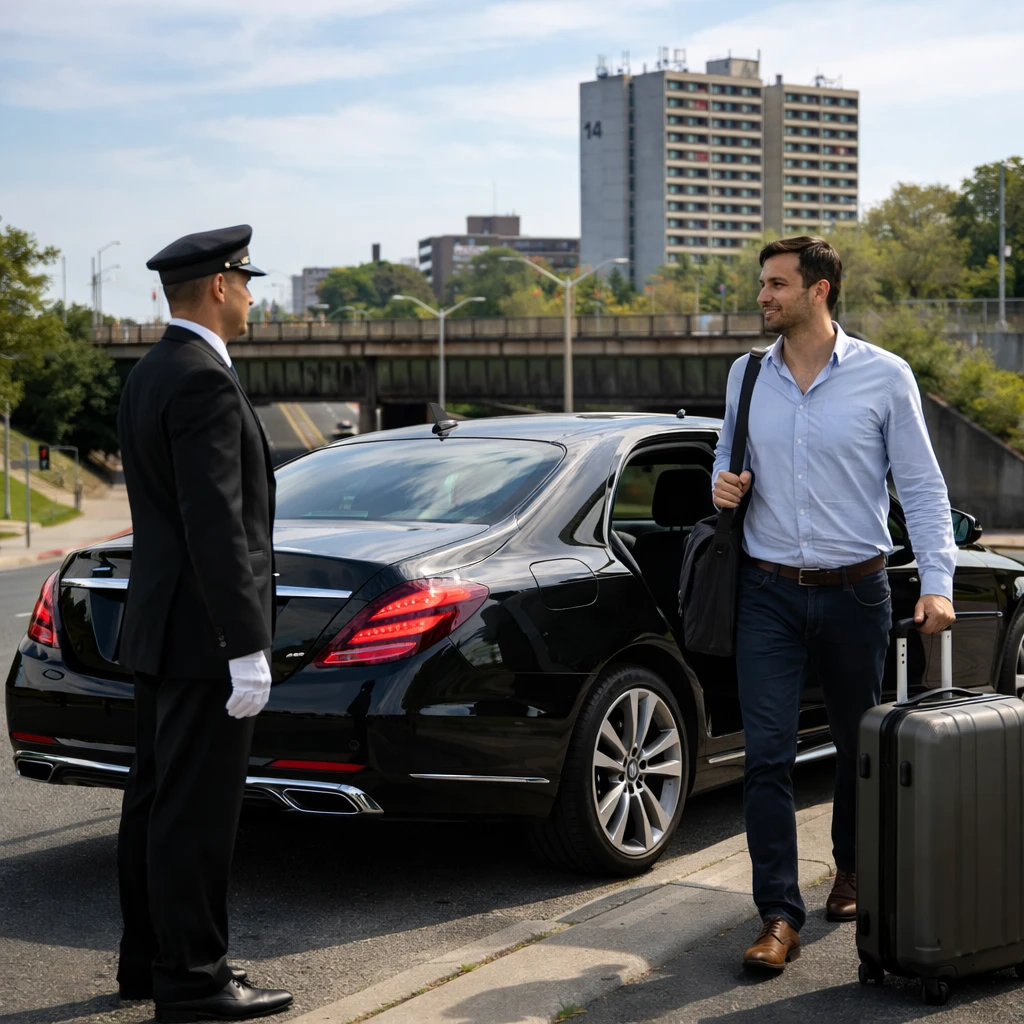 Luxury sedan with chauffeur picking up traveler on Scarborough street near overpass and residential buildings