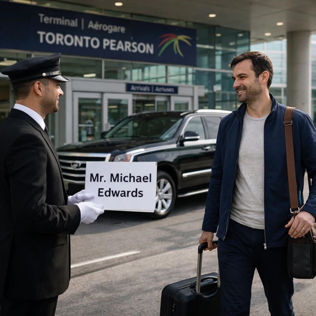 Traveler arriving at Pearson Airport greeted by chauffeur holding name board for Scarborough limo service