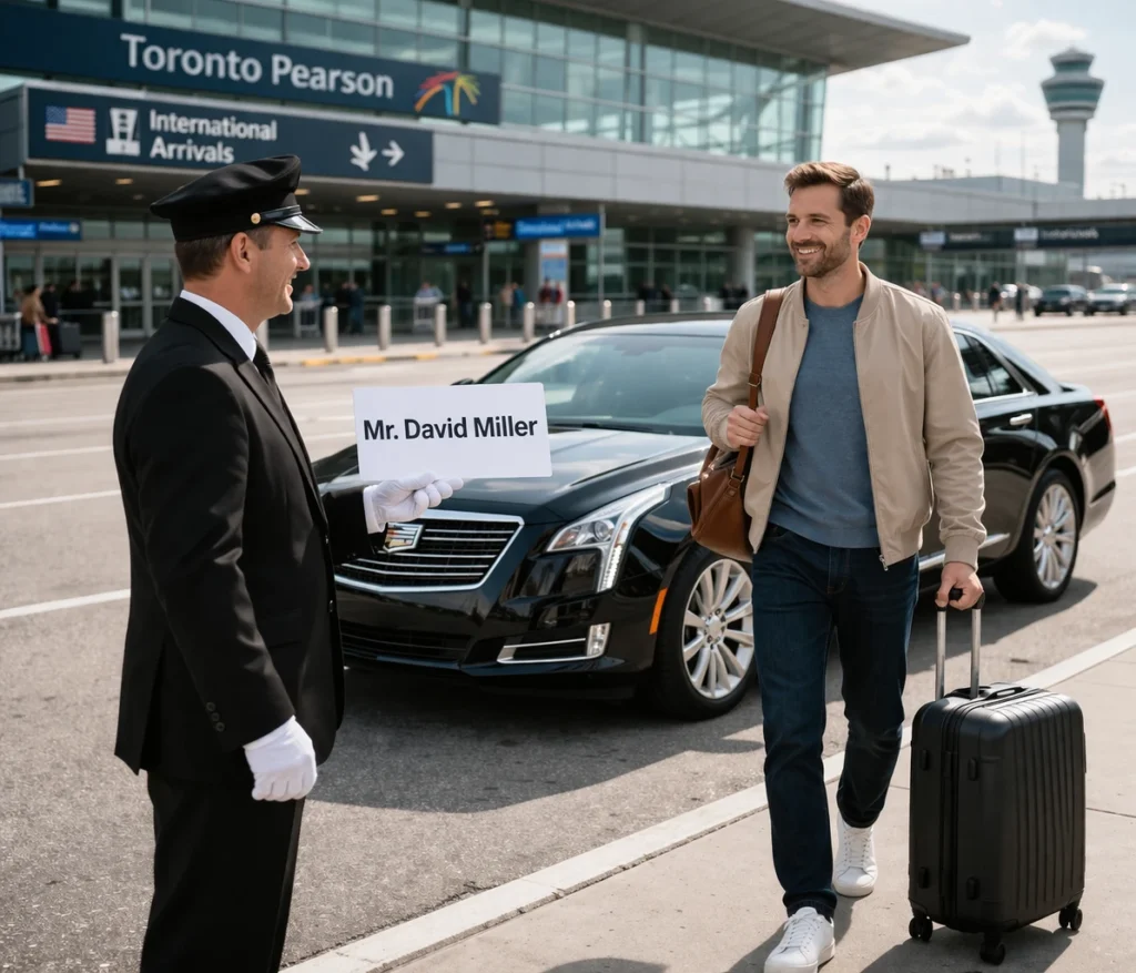 Luxury town car with chauffeur picking up business client outside high-end Toronto hotel