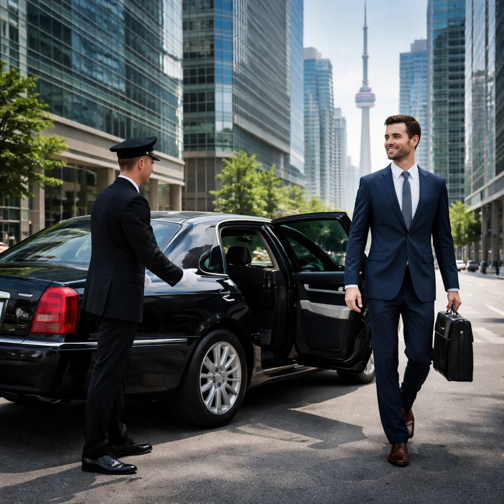 Luxury Lincoln Town Car or Cadillac sedan with chauffeur picking up business executive in downtown Toronto near skyline