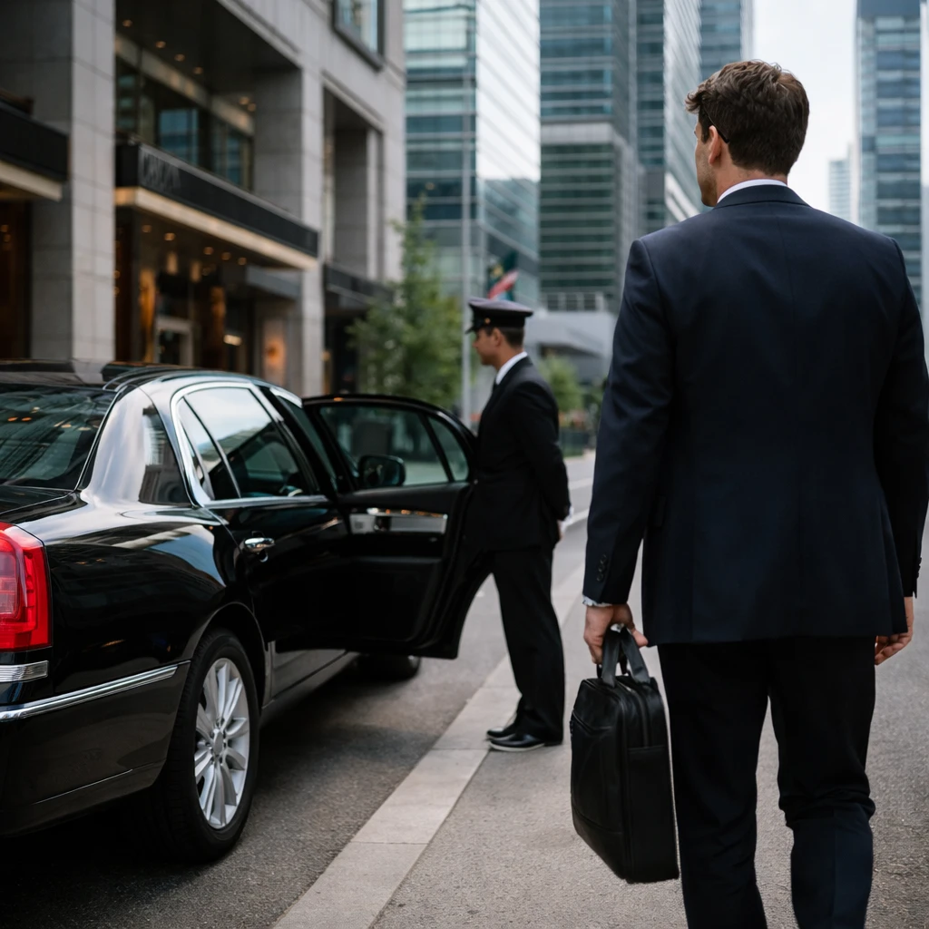 Traveler arriving at Toronto Pearson Airport greeted by chauffeur with luxury town car for airport transfer