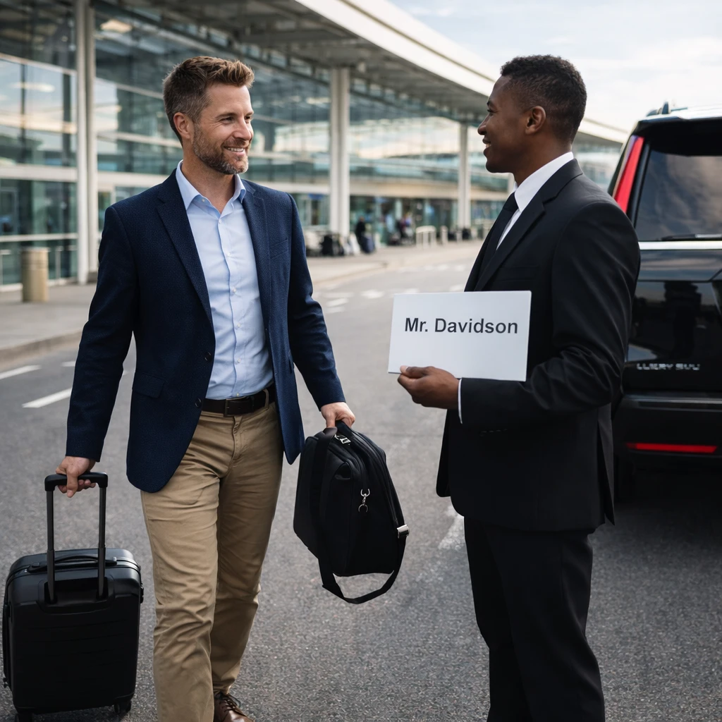 Traveler arriving at Toronto Pearson Airport greeted by chauffeur for Vaughan limo service with luxury vehicle