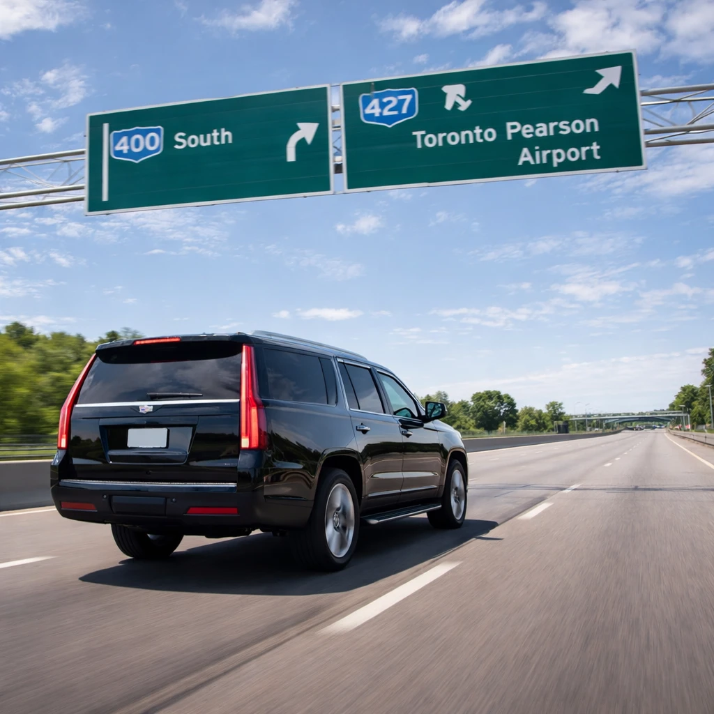 Luxury Cadillac Escalade driving on Highway 400 toward Toronto Pearson Airport from Vaughan with smooth traffic flow